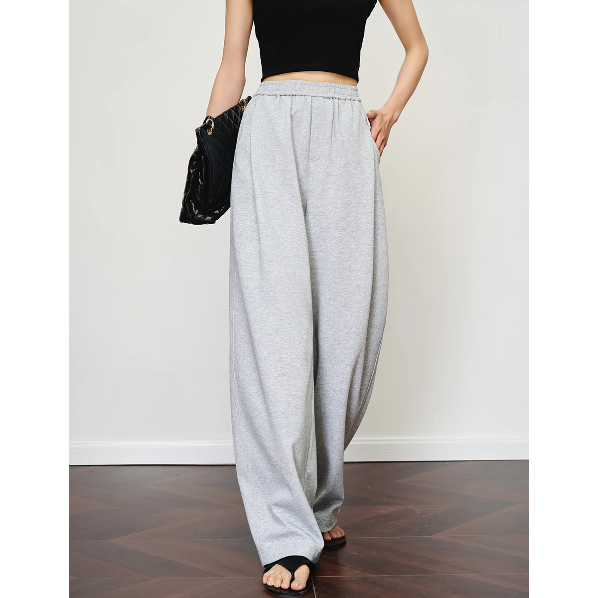 OLrain Women's Casual Knitted Baggy Pants Summer Long Trouser 2025 Female Grey Loose Wide Leg Pants Woman Clothing O57XK99030