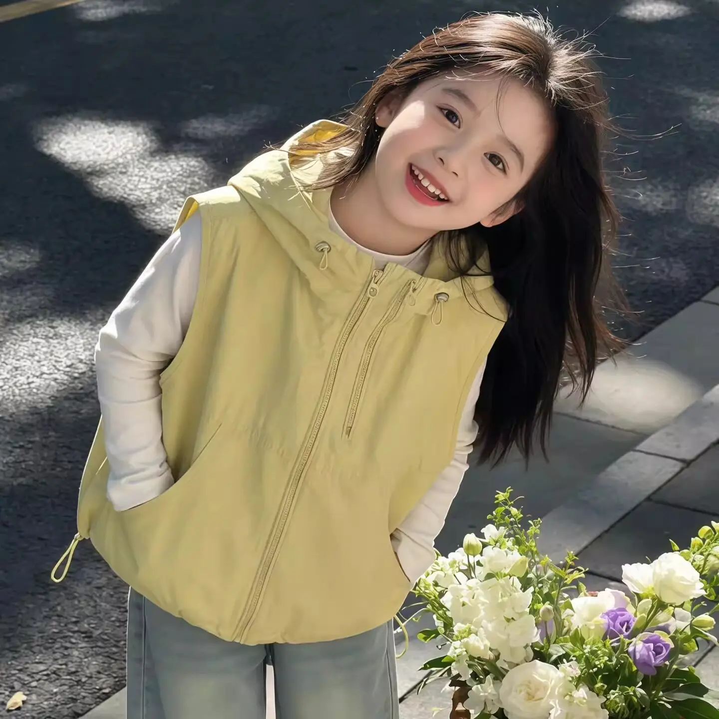 Girls Fashion Sports Hooded Vest Spring Autumn Medium Large Sleeveless Zip Cardigan Layering Casual Slim Top Boys