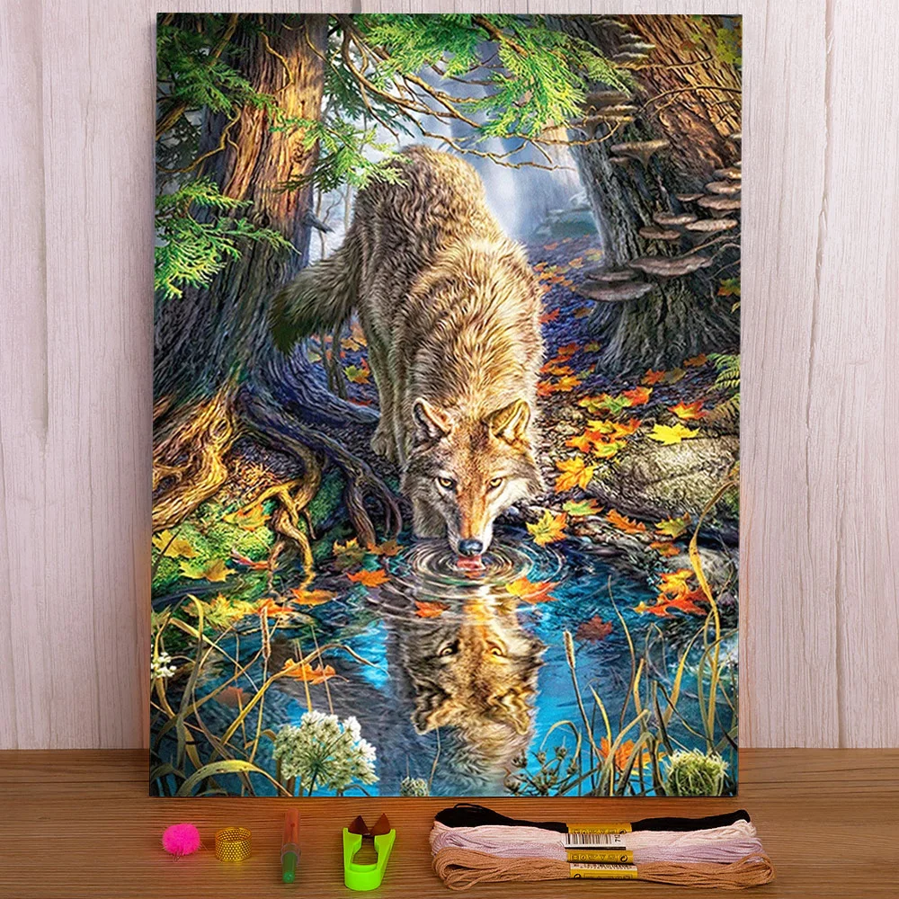 Animal Wolf Printed Water-Soluble Canvas 11CT Cross Stitch Embroidery Set DMC Threads Hobby Painting Handmade Craft Mulina