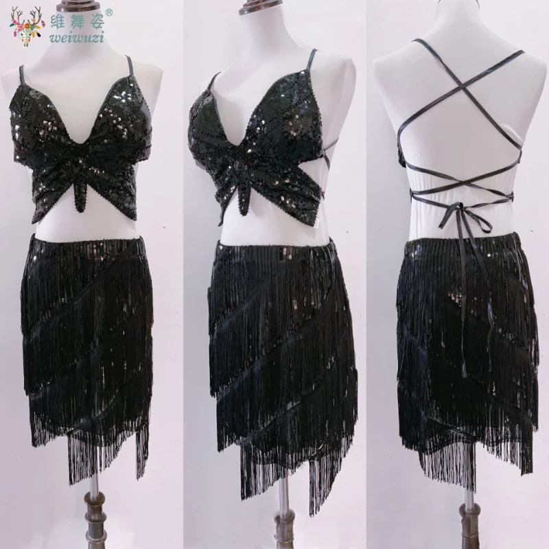 Buikdans Oefenkleding Vrouwen Backless Pailletten Vlinder Camis Tank Top + Kwastje Hippe Sjaal Accessoires Volwassen Jazzdans Set