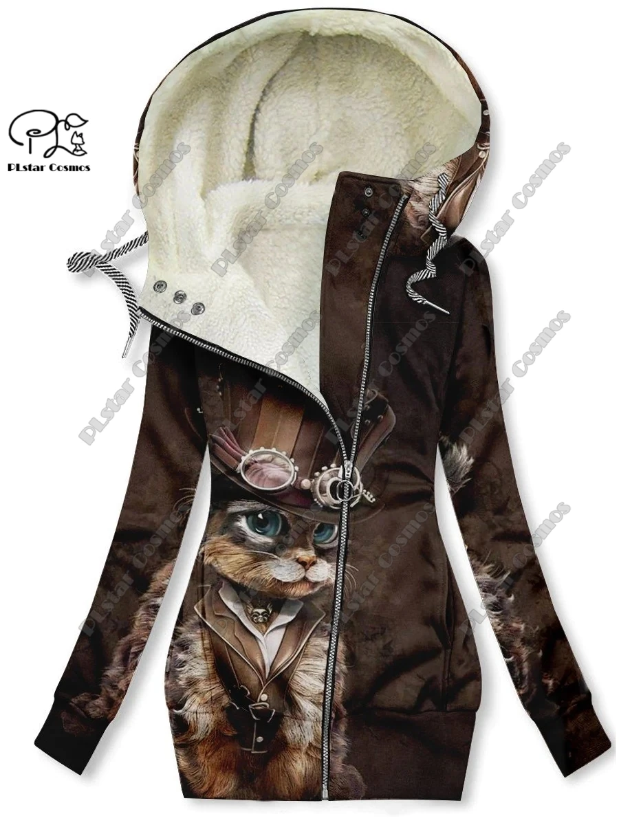 New 3D printing retro series floral and animal patterns plus velvet and warm women's long zipper sweatshirt casual winter L-16