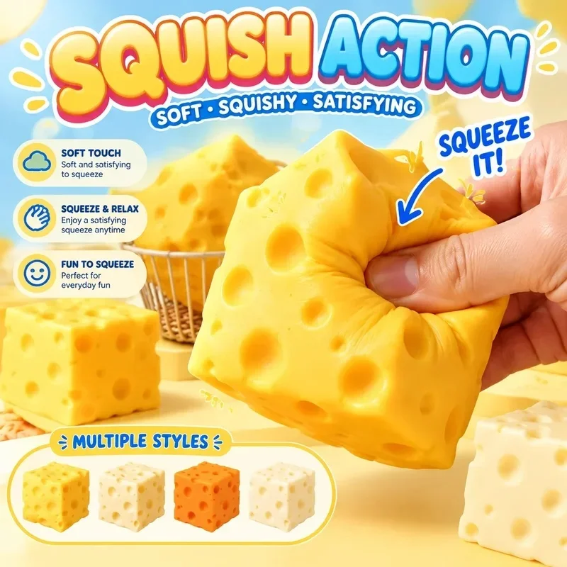 Cube Cheese Squishy Toy Stress Relief Squeeze Viral Giant Cheese Simulation Fidget Toy Cross Border Wholesale
