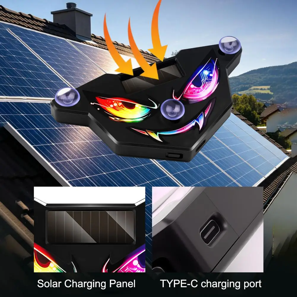 Solar Powered Car Demon Eye LED Neon Light Breathing Ambient Light Solar + Type-C Charging Atmosphere Lamp for Vehicle Decor