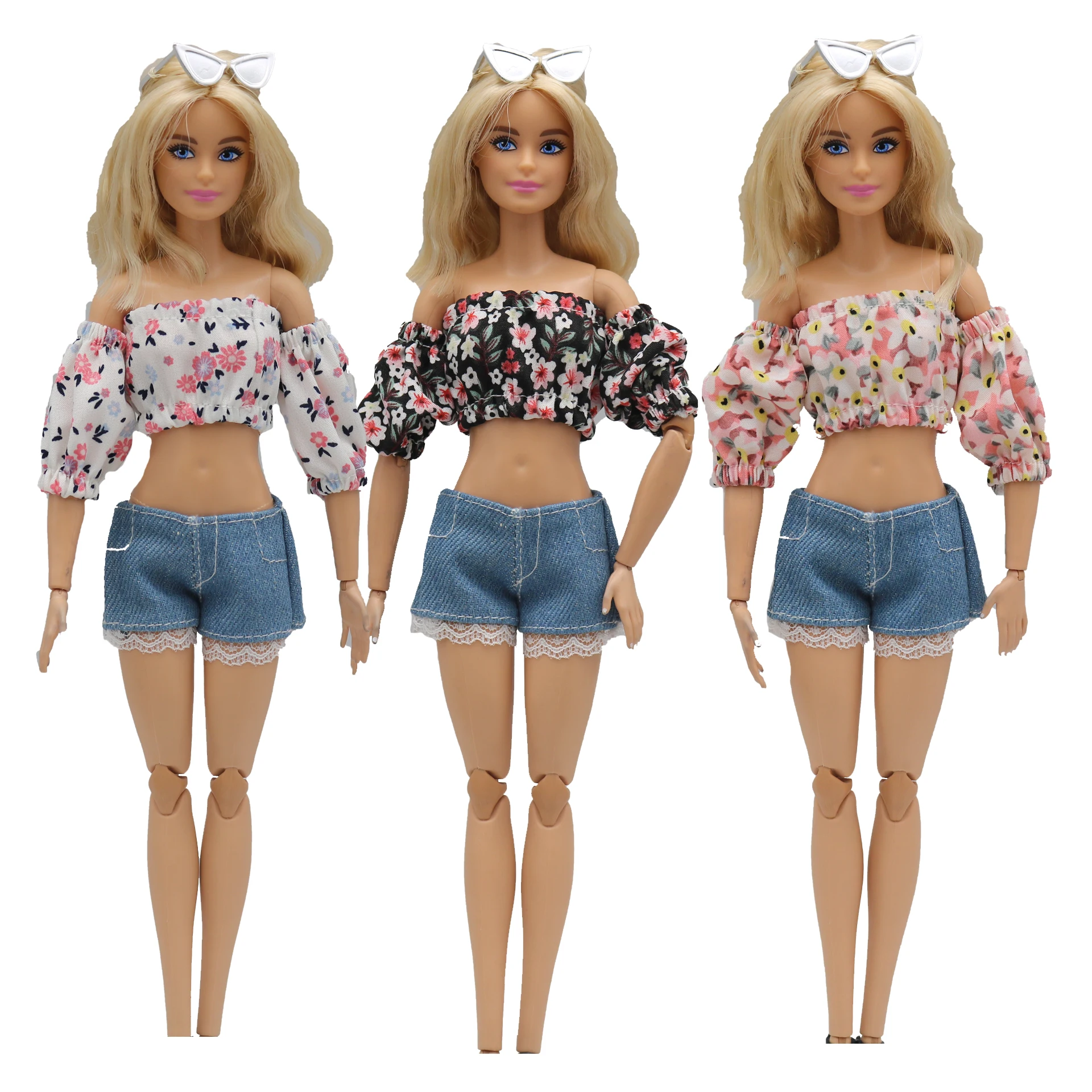 New 30cm 1/6  simple flower puff sleeves Lace Denim shorts Daily Wear Accessories Clothes for Barbies doll