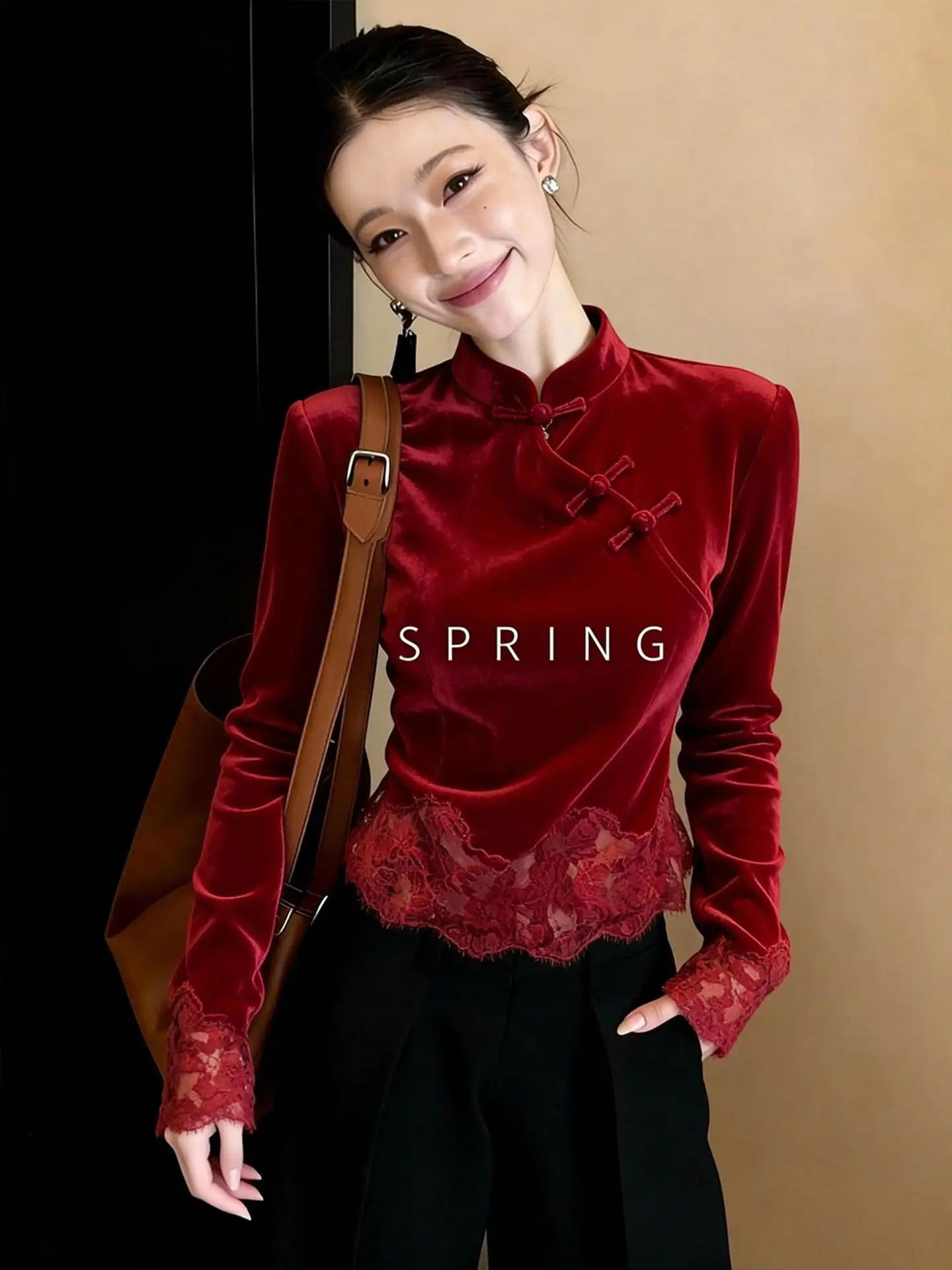 

Early Spring New Red Lace Splicing Women's Shirt Elegant Ageless Slim Fit Stand Collar Korean Style Commute Fashion plus Size
