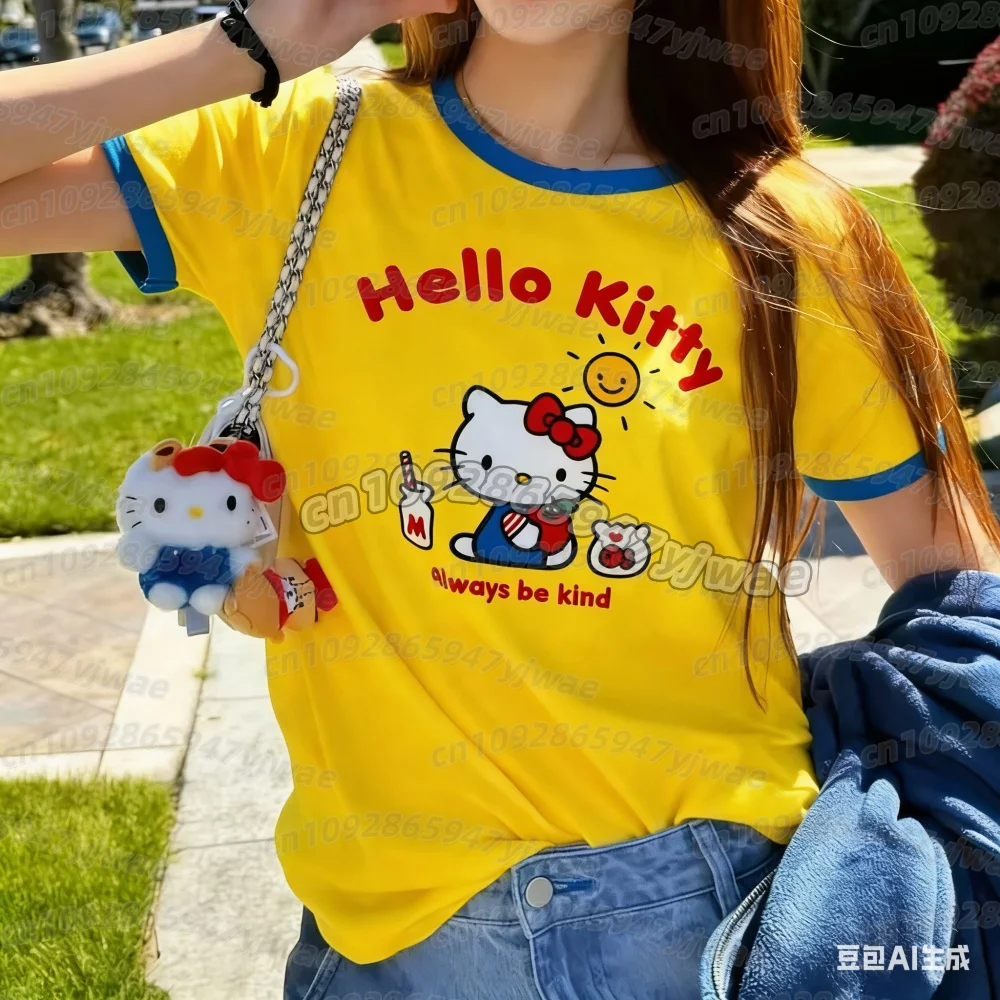 26 Damen Mädchen T-Shirt Cartoon Hello Kitty Print T-Shirt Herren Damen Jersey Mode Sportbekleidung Oversize Sport Training Kinder T-Shirt