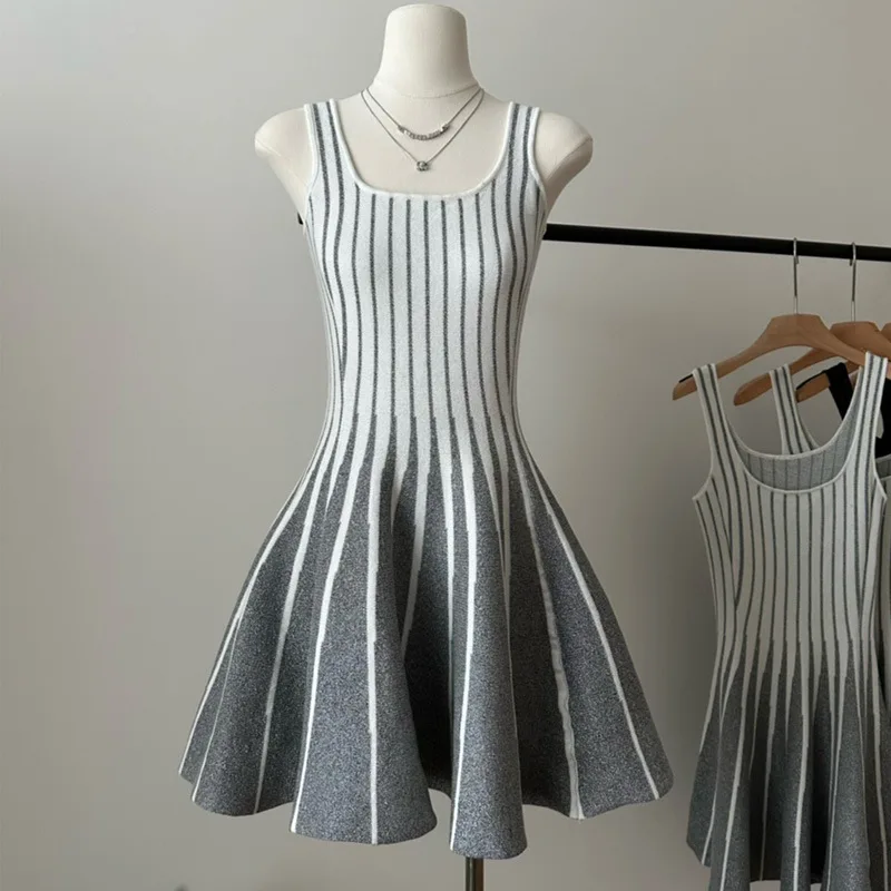 

Summer women's suspender dress new u-neck sleeveless knitted contrasting vertical stripes