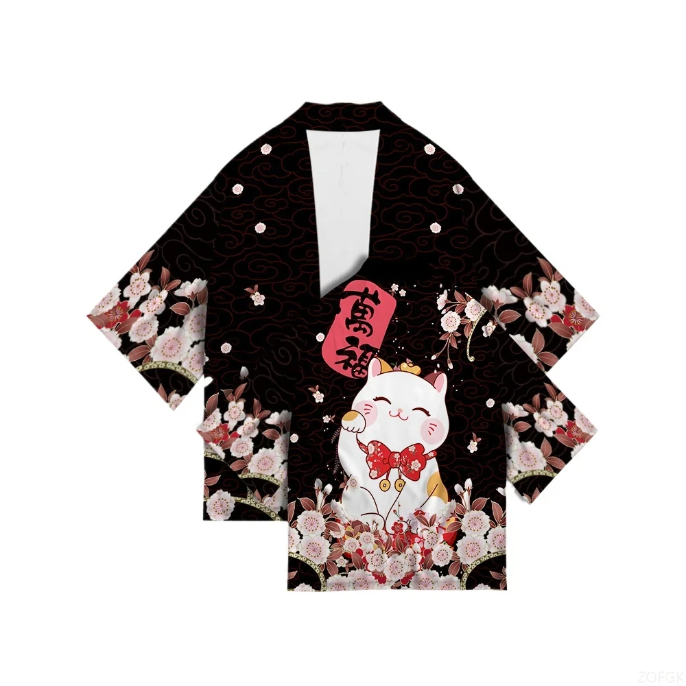 سترة صيفية على الطراز الياباني Ukiyo-e، عباءة كيمونو، سترة مطبوعة رقمية ثلاثية الأبعاد على الطراز الصيني منسوجة بالريش