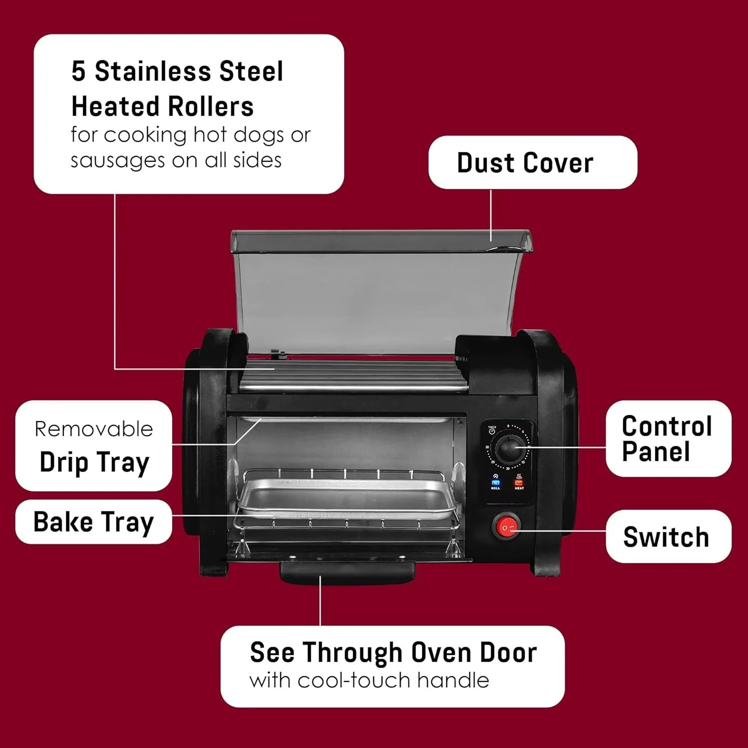 Hot Dog Oven with 30 Minute Timer Stainless Steel Hot Roller Bake and Crumb Tray