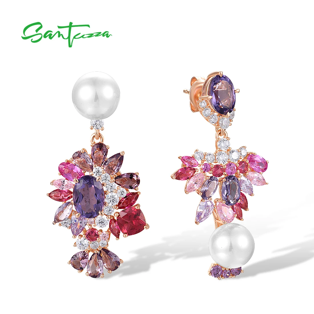 SANTUZZA Real 925 Sterling Silver Drop Earrings For Women Sparkling Multi Gems Cluster Pink Purple Delicate Wedding Fine Jewelry