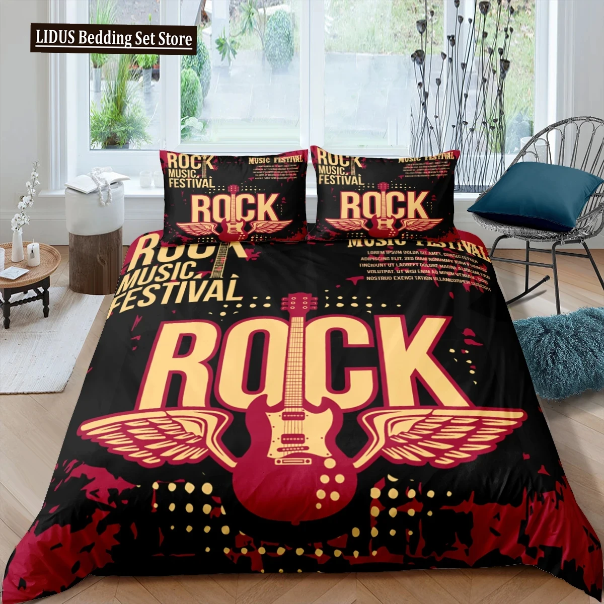 

Rock Music King Queen Duvet Cover Electric Guitar Punk Style Bedding Set Youth Fashion Hip Hop 2/3pcs Polyester Comforter Cover