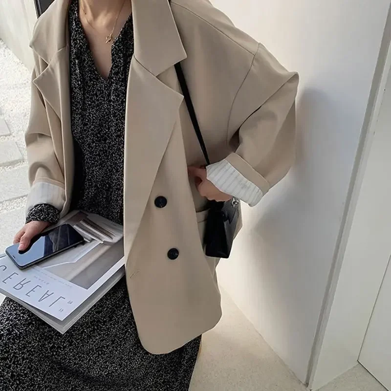 Oversize blezer kobiety garnitur w koreańskim stylu szykowny czarny blezer płaszcz na co dzień Streetwear luźne kurtki solidne damskie kurtki studenckie — zdjęcie 4