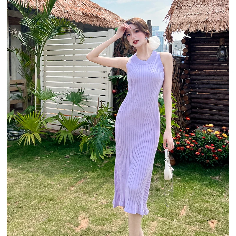 Ele Gentle round Ne Svel Knitted Dr Women Summer 2025 New Wrap Body Slim Fi Tail Long Skirt High Waist Midi ...