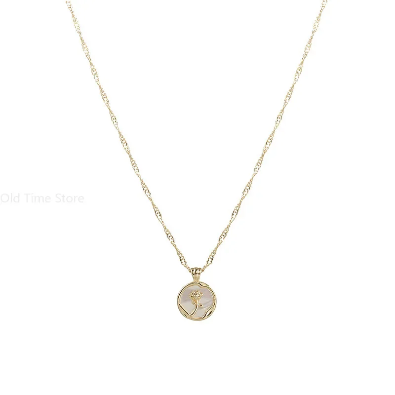 New Irregular Round Shell Metal Rose Pendant Stainless Steel Necklace for Women\'s Vintage Clavicle Chain Party Luxury Jewelry