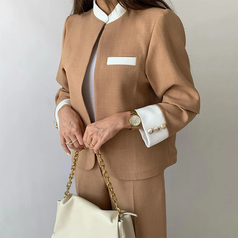 Ladies Temperament Color Blocked Straight Set Autumn Stand Collar Long Sleeved Coat + Pants Suit Fashion Slim Commuting Outfit