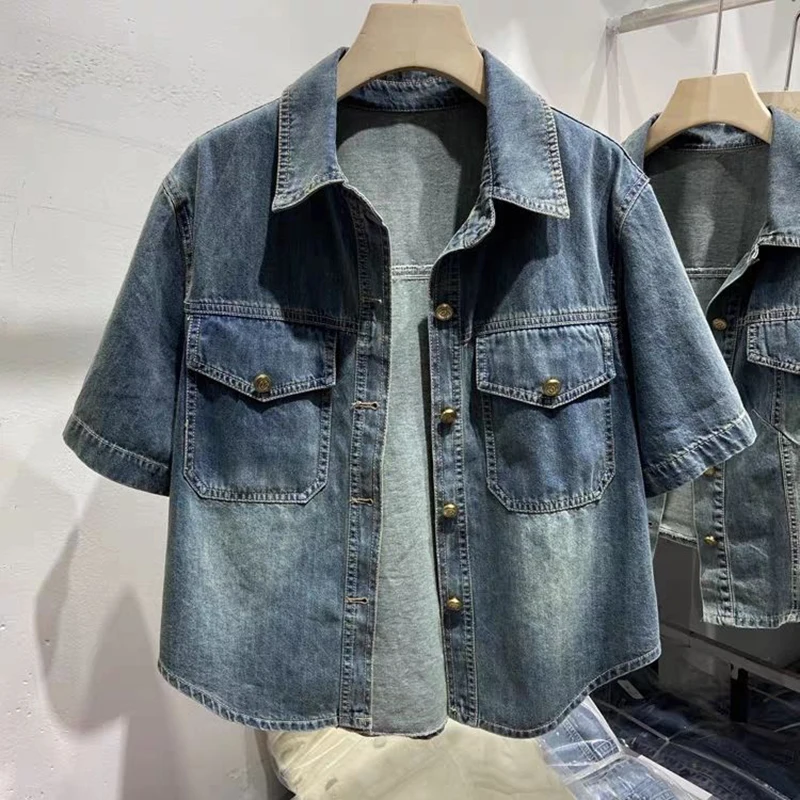 Denim Shirt  Women\'s Summer 2024 New Turndown Collar Loose Casual Short Jacket Fashion Short Sleeved Single Breasted Thin Top