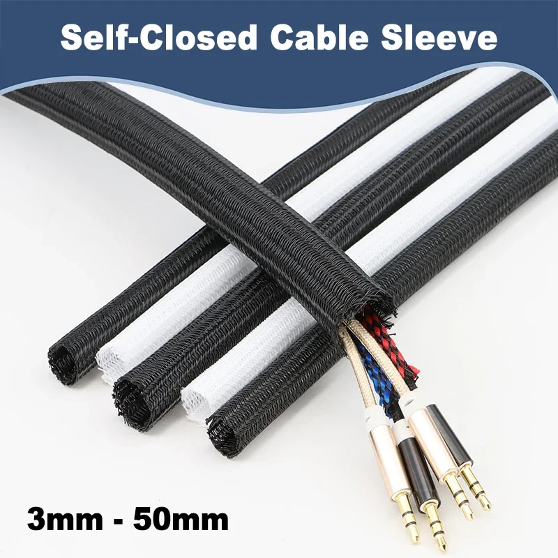 2M Black & White for Self-Closing PET Braided Cable Sleeve, 3-50mm Heat Resistant Insulated Split Wire Protector