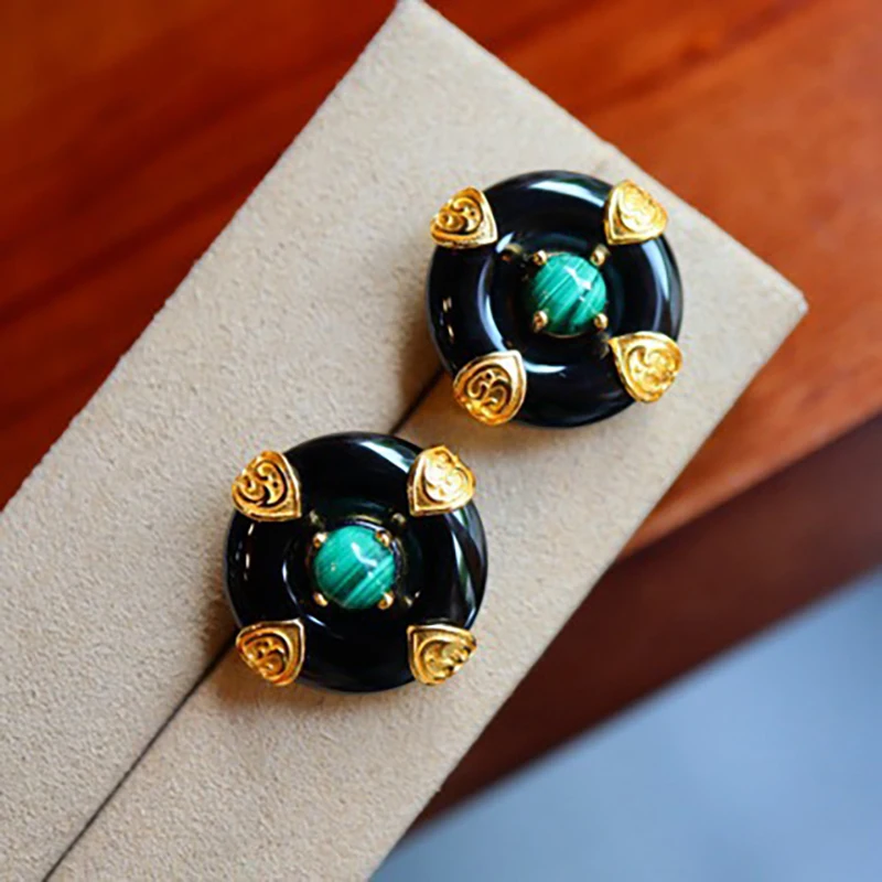 

20mm Round Ear Studs High Quality Earrings For Women 925 Sterling Silver Natural Peacock Stone And Black Agate Earrings Jewelry