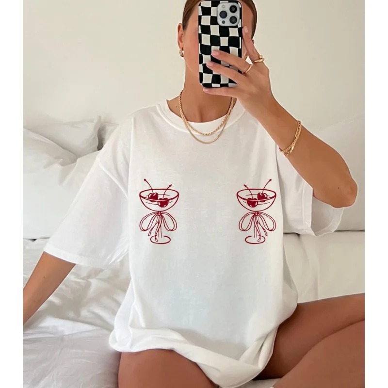 

Cherry Coquette Bow Shirt Short Sleeved Fashion Women t shirt Round Neck Summer Casual Tops Drop Ship
