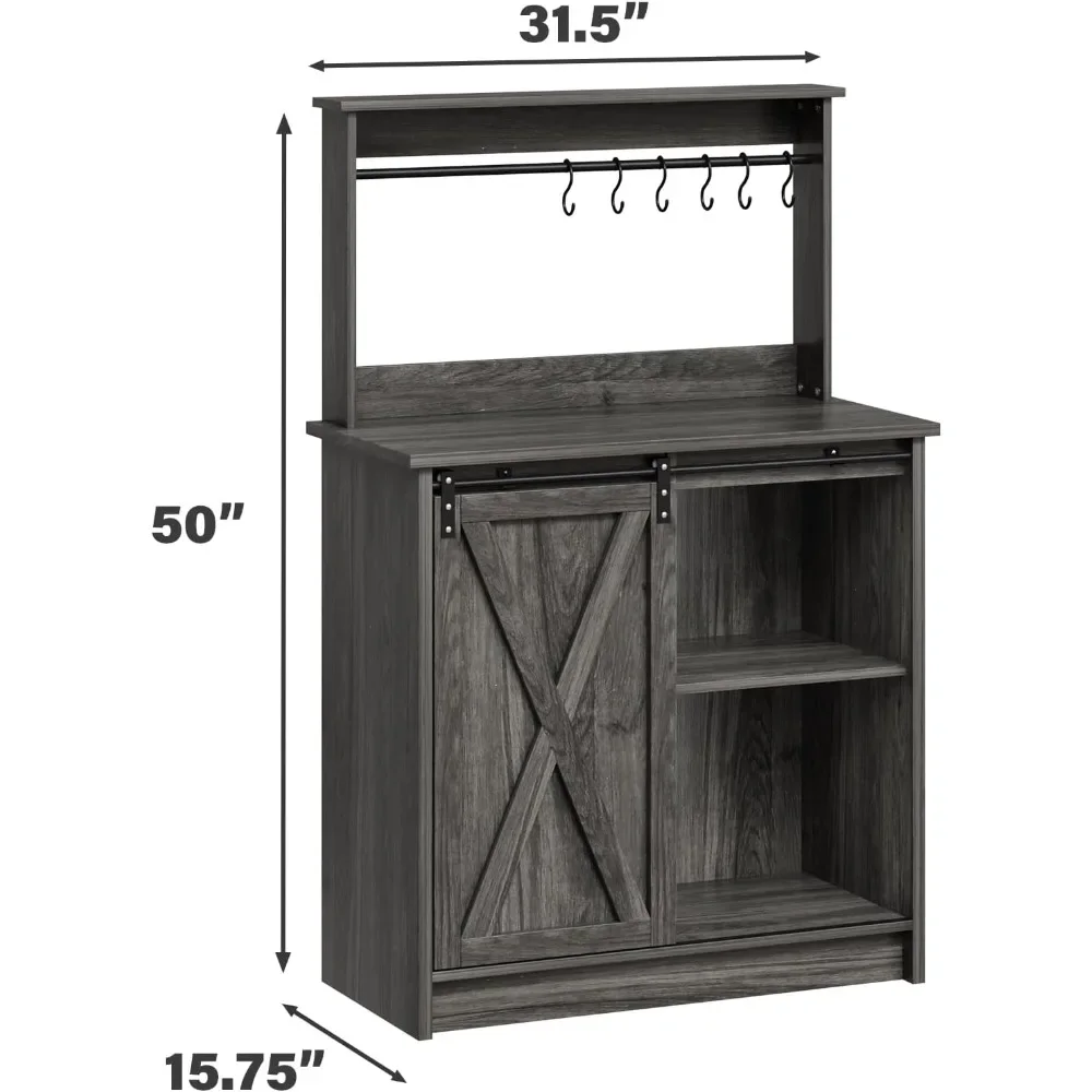 Armoire à café de ferme avec rangement, bar à café gris avec 6 crochets, table de bar avec porte de grange market