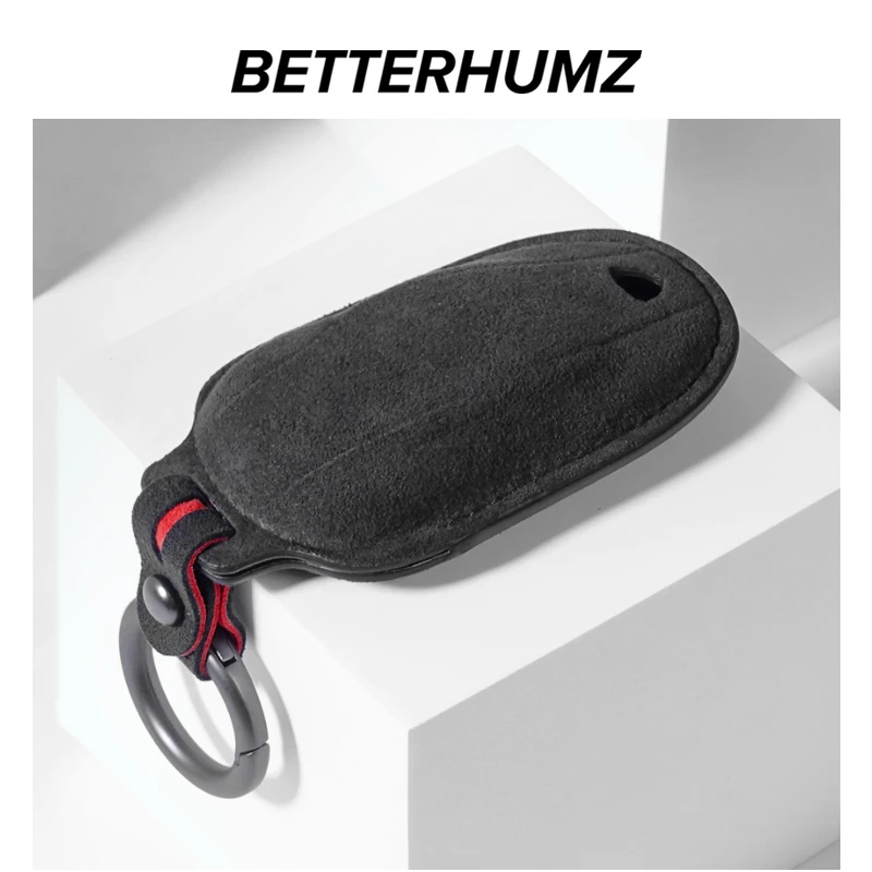 BETTERHUMZ Alcantara Wrap Car Reomte Key Case Shell Cover For Tesla Model 3 Model Y 2017-2021 KeyChains Keyring Auto Accessories