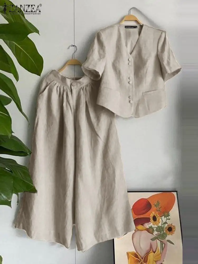 

ZANZEA Summer Vintage Short Sleeve Blouse Wide Leg Pants Sets Women 2PCS Solid Matching Sets Casual Loose Tracksuit Outifits