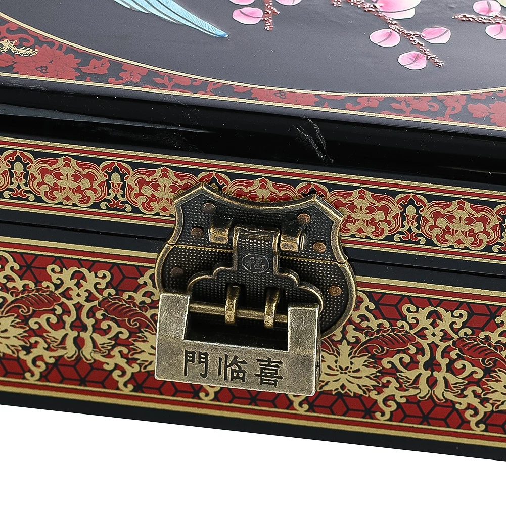 Chinese Magpie Jewelry Box Wooden Double Layer Jewelry Storage Handmade Painted Antique Makeup Case with Mirror Wedding Gift