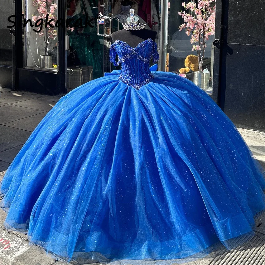 Funkelnde königsblaue Quinceanera-Kleider mit Perlen, Kristallen und Schleife, Ballkleid, Geburtstagskleid, Vestidos de 15 Años, individuell gestaltet