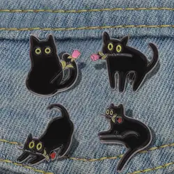 Rose Enamel Pins Custom Funny Cute Animal Brooches Lapel Badges Cartoon Punk Jewelry Gift for Friends Black Cat With