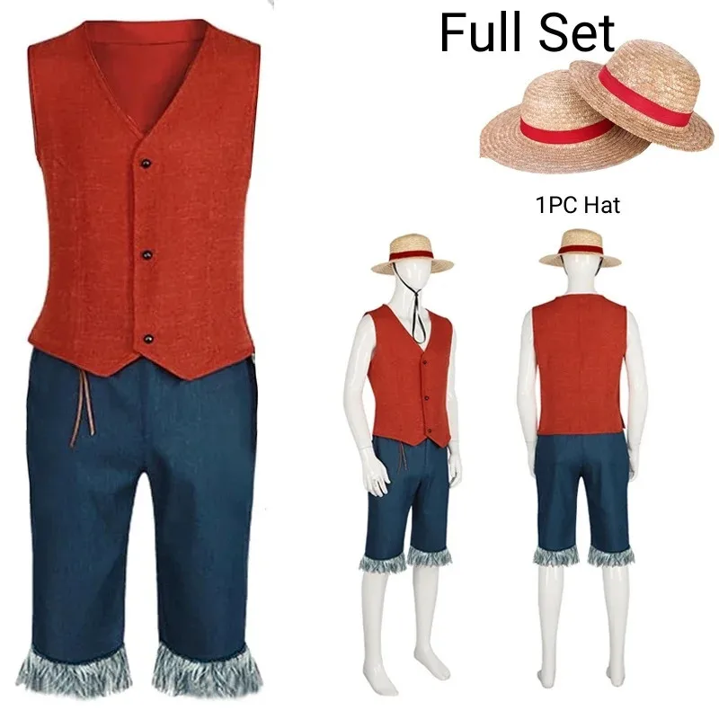 Luffy Cosplay Monkey D Luffy Kostium Czerwona Kamizelka Szorty Kapelusz Sznur Anime Strój Dorośli Mężczyźni na Halloween Impreza Mężczyźni Dzieci