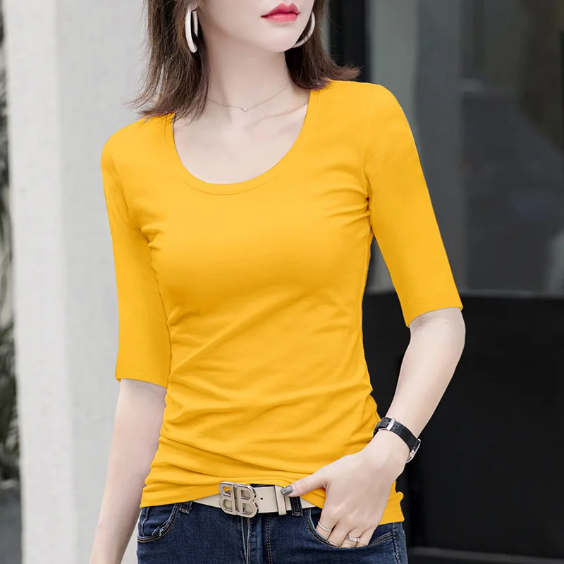 MRMT 2025 العلامة التجارية الجديدة المرأة الأبيض منتصف كم تي شيرت المرأة الخامس كم قاع قميص مع نصف كم ضيق بلوزات مستديرة العنق