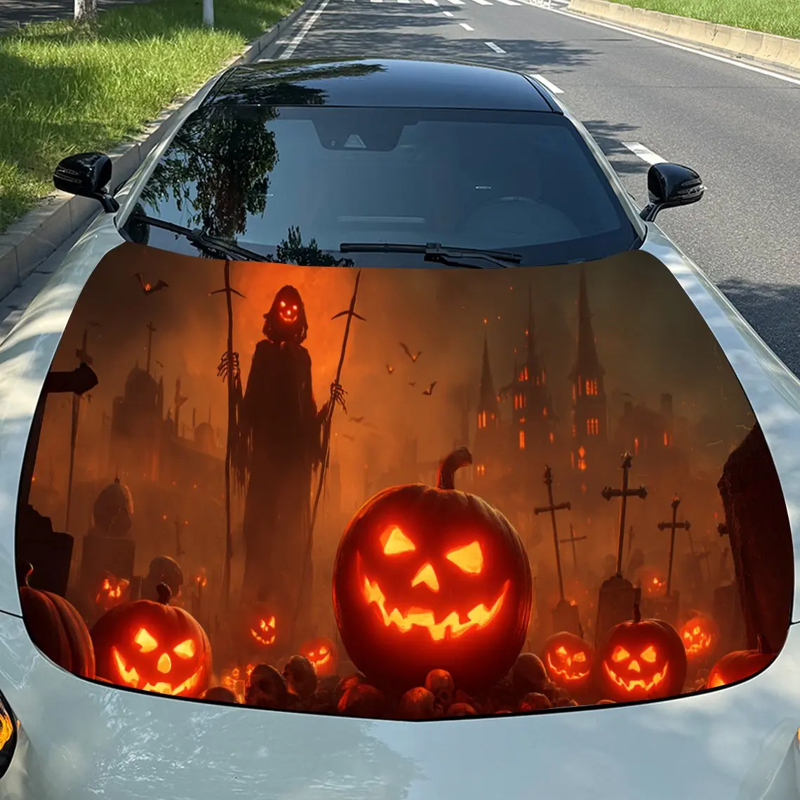 

Halloween Grim Reaper and Pumpkins Car Engine Hood Vinyl Wraps Sticker, Trendy Auto Cover Decal, Waterproof Self-adhesive Vehicl
