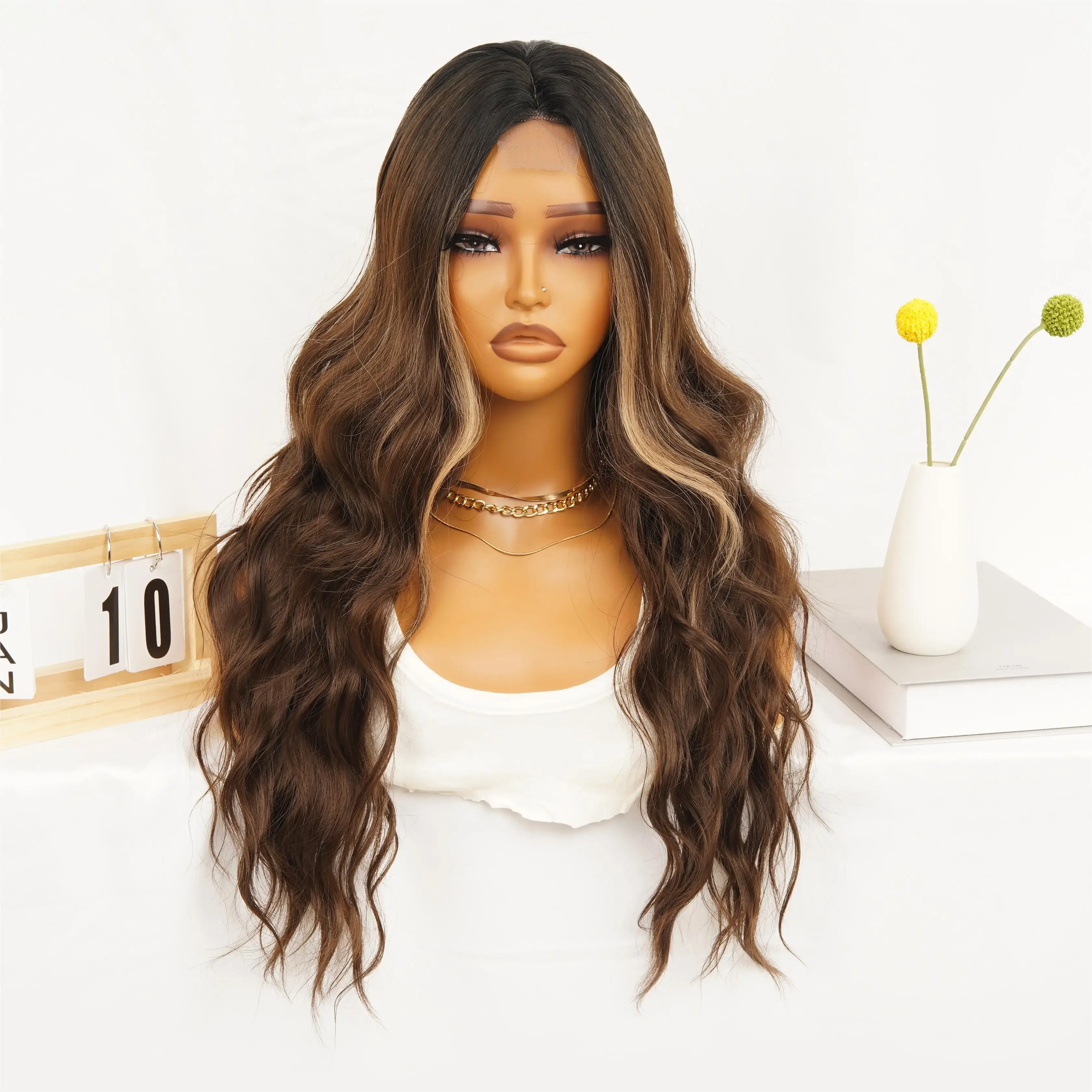 Lace Water Wave Wig Synthetic Ombre Hot Sale T Part Front Long Brown Mixed Blond High Quality Heat Resistant For Women