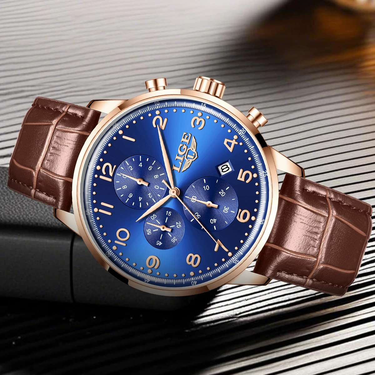 LIGE Brown Men Luxury Watch Leather Waterproof Sport Quartz Wristwatch Chronograph Military Watch for Men Relogio Masculino+BOX