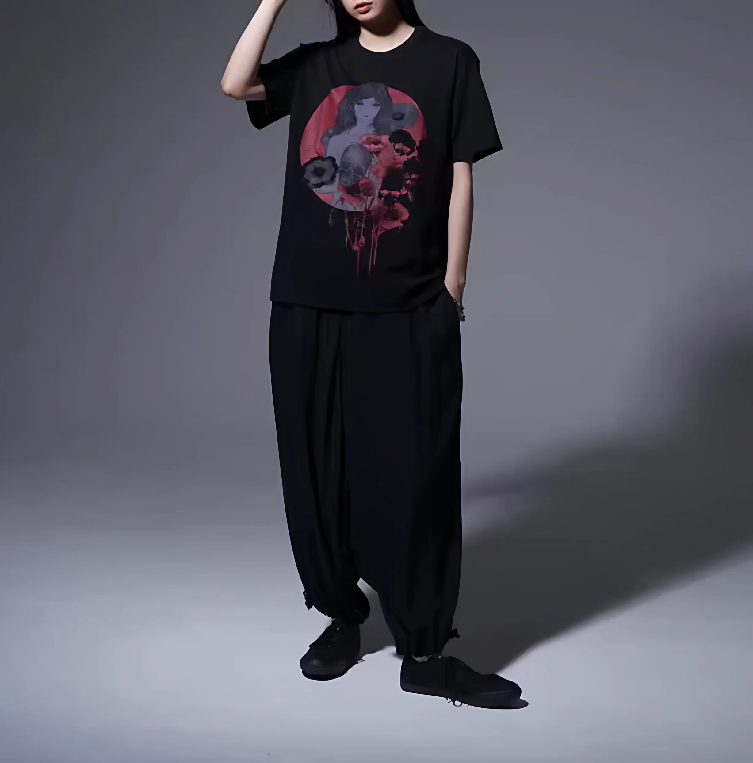 YAMAMOTO-Style T-shirt,HighQuality Dark Theme "Red Skull" Pattern Print