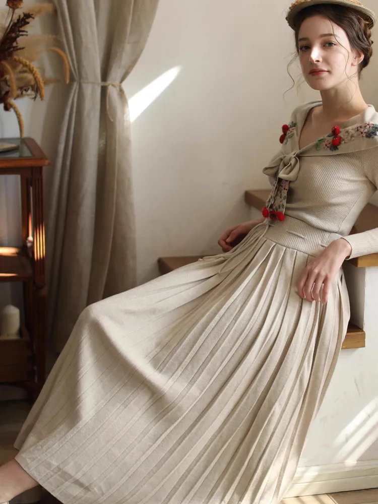 

AIGYPTOS Spring Fall Winter Long Skirt Women Elegant Soft Comfortable Mulberry Silk Wool Cashmere Knitted A-Line Pleated Skirt