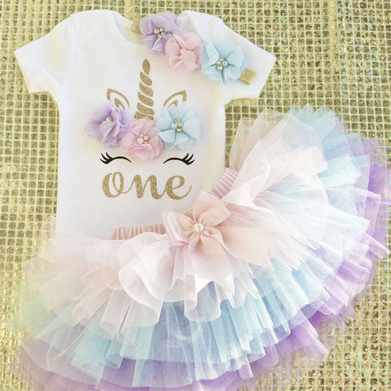 Baby Girl Unicorn 1st Birthday Party Romper Tutu Dress Clothes 3Pcs Sets Outfits NewBorn Girls Rainbow Baptism Princess Dress