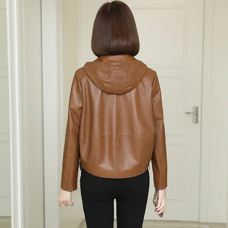 2024 frühjahr Echt Leder Jacke Frauen Echtem Schaffell Leder Mantel Kurze Kapuze Leder Jacken Chaqueta Cuero Genuino Mujer