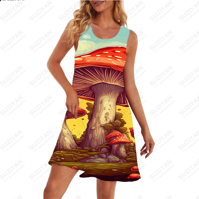 Women's Fashion Casual Dress Cartoon Mushroom Print Dress Summer Street Popular Dress Classic Loose Sleeveless Dress