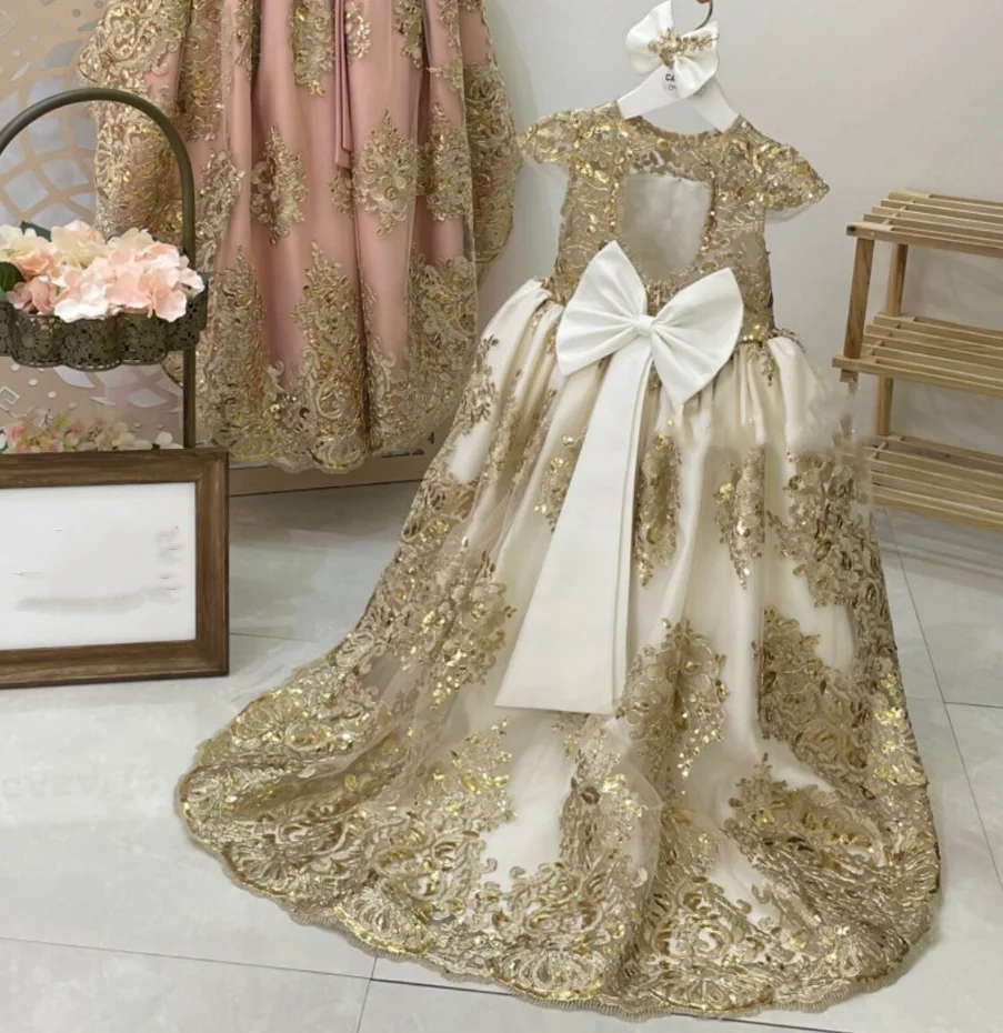

Gold Baby Dress 1-10 Birthday Party Gown Appliques Sequin Girl Princess Dress Bow Flower Christmas Elegant Girl Evening Dress