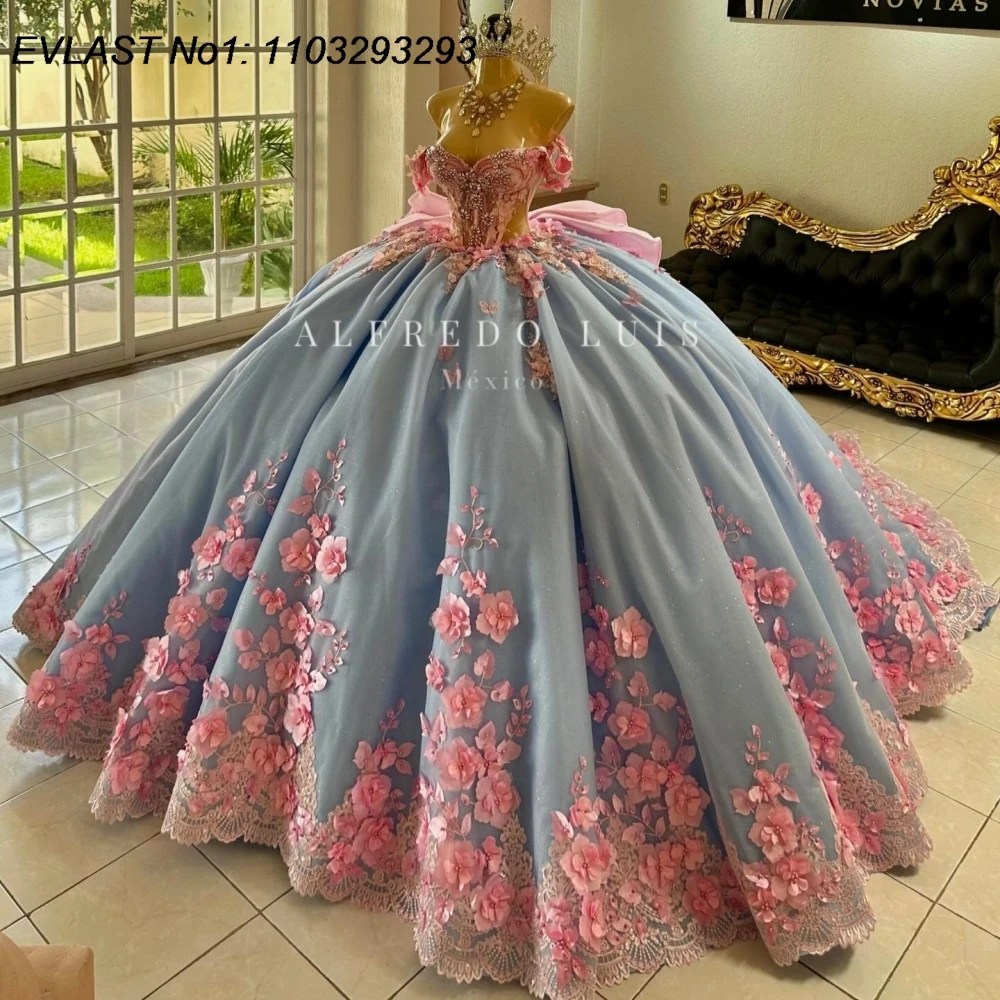 EVLAST Customized Blue Ball Gown Quinceanera Dress Pink Floral Lace Applique Beading Crystal Sweet 16 Vestidos De 15 Anos E1Q913