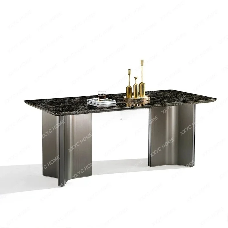 XXNatural Luxury Stone Dining Table Rectangular High-End Home Marble Dining Table and Chairs Villa Light Luxury