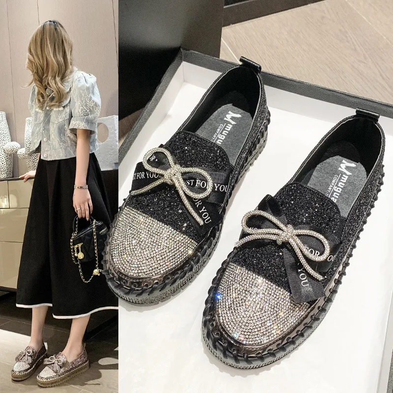 2023 Spring New Shiny Rhinestone Loafers Women\'s One Step Thick Soled Bow Muffin Bottom Cover Foot Single Shoe Sneakers