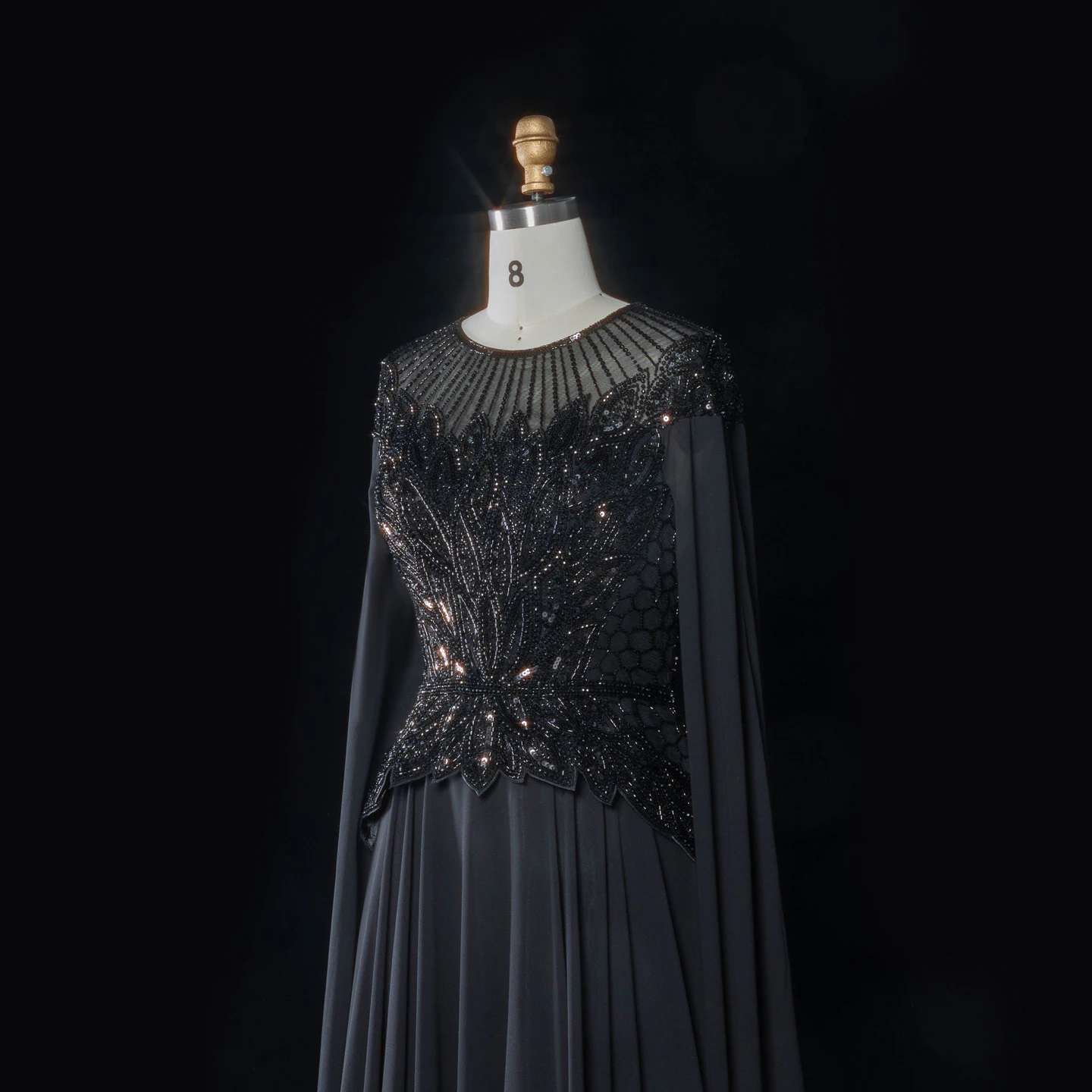 Sharon Said Abendkleider Glamouröses Schwarzes Chiffon-Paillettenkleid mit Perlen und Cape-Ärmeln Luxuriöses Dubai-Formelles Partykleid SS104 Maßanfertigung – Detail 13