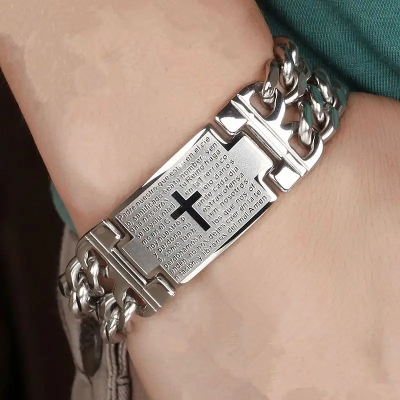 HNSP 24MM Width 316L Stainless Steel Cuban Chain Cross Bracelet For Men Jewelry Male Hand Chain Wrap Bracelets Accessory