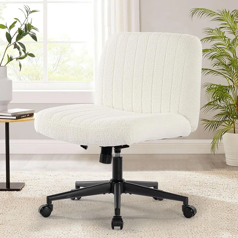 Office chair with wheels, armless office chair, Teddy velvet wide seat home office chair, cute computer chair with 15 ° swing ba