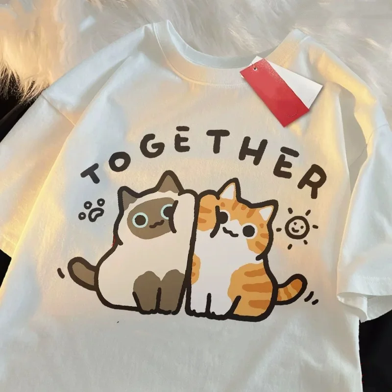 

Футболка большого размера с рисунком кота в американском стиле, подарочный набор для пары, 100% хлопок, дышащая летняя повседневная одежда для мужчин, женщин, пар