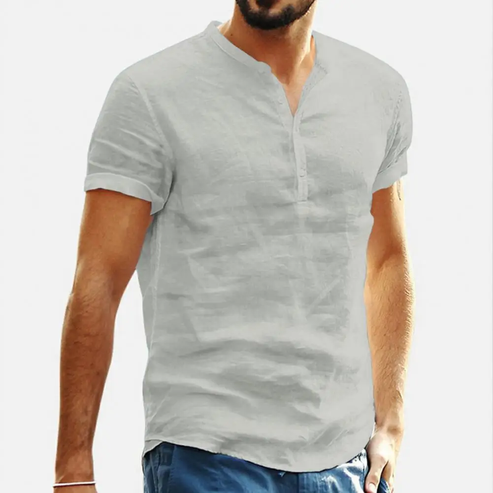 Men Summer Shirt Stand Collar Button Short Sleeves Thin Slim Fit V Neck Male Top Garment T-shirt Cotton And Linen Breathable