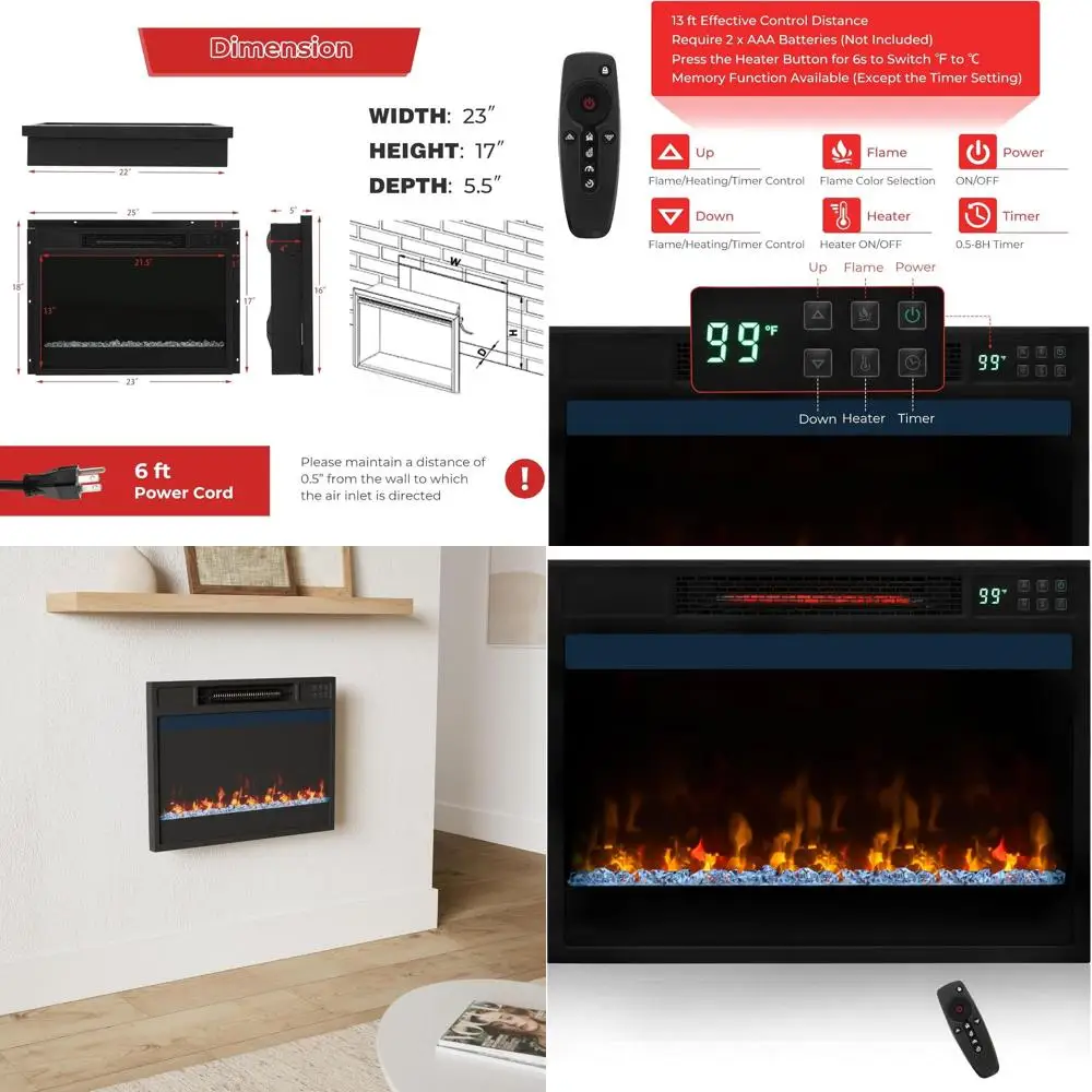 

Инфракрасная кварцевая электрическая каминная вставка 23 дюйма - обогреватель 1500 Вт с пультом ДУ, термостатом, защитой от перегрева, таймером на 8 часов, 6 режимами пламени