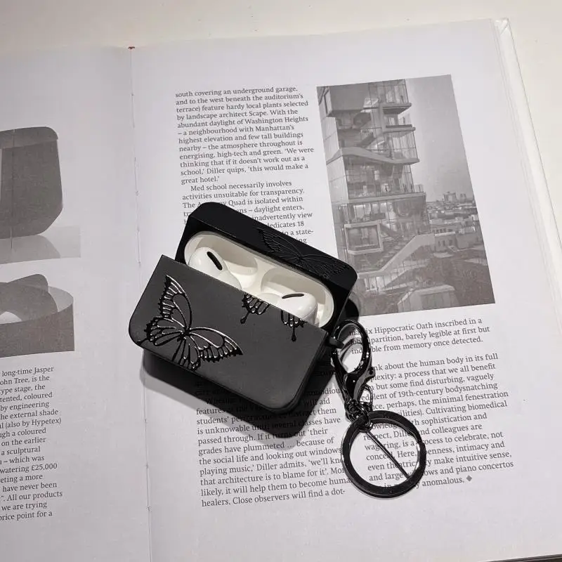 For Airpods Pro 2 3 1 4 Cases Luxury Butterfly PU Leather Black Matte Earphone Case With Keychain Shell Soft Protective Cover